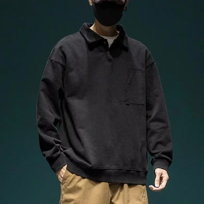 Autumn Y2K Vintage Long Sleeve Sweatshirt Mens Loose Pockets Polo Neck
