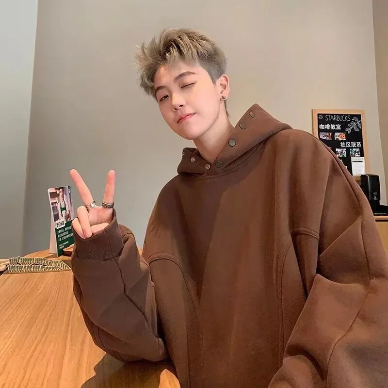 Layered Streetwear Knit Top – Autumn Fleece Button Up Neck Hip Hop Sweatshirts For Men Solid Color Oversized Y2K Hoodies High Street Fashion Hooded Tracksuit | Zip Knit Drop #108