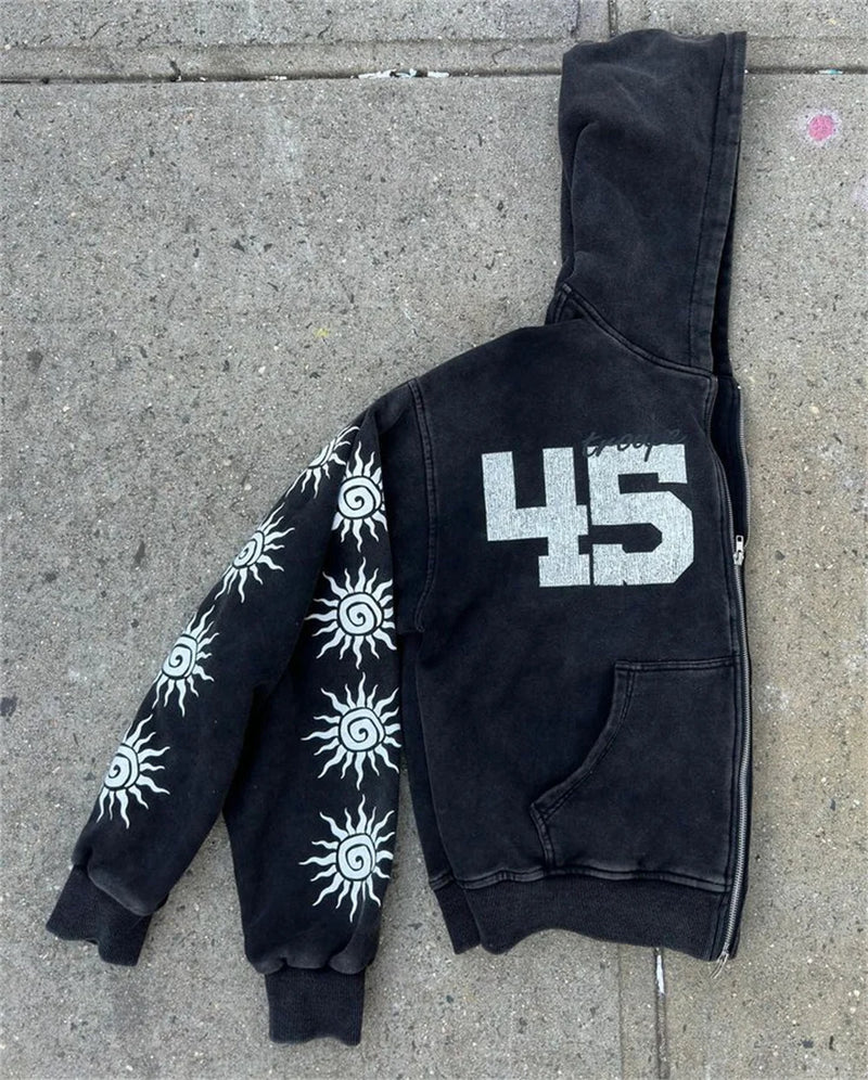 Street Retro Clothing Men Flame Print Oversized Sweatshirt Women Y2K G