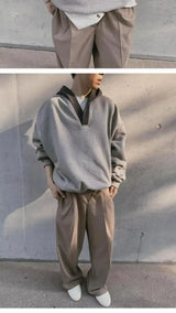 Trendy Korean Street Gray Sweatshirt Men's Spring and Autumn Knitted Ins Stitching Personalized Design Retro Top Hooded Jacket