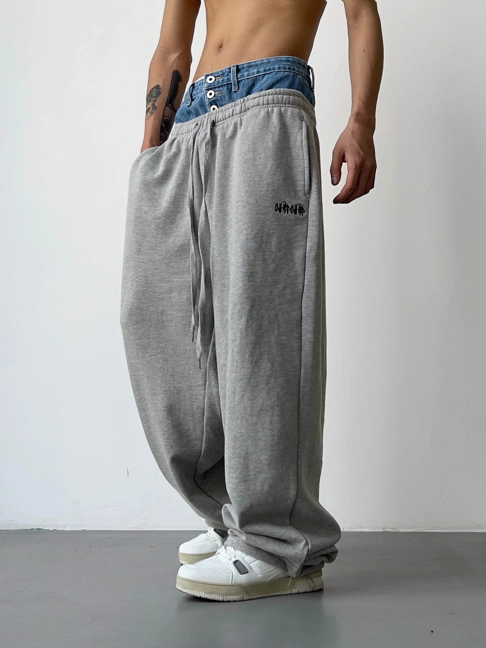 hip hop straight pants spliced button jean elastic waist pants loose trousers unisex casual drewstring sportwear pants joggers unique joggers style 157