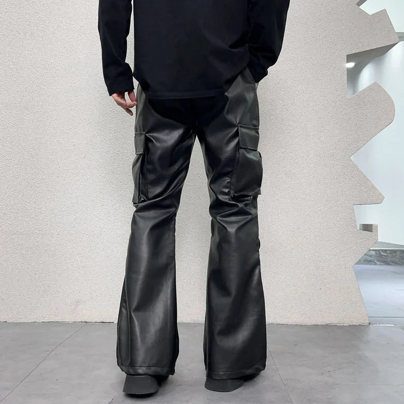 pu leather pants mens streetwear fashion hip hop vibe casual faux leather cargo flared pant men motorcycle trousers unique cargo style 3077