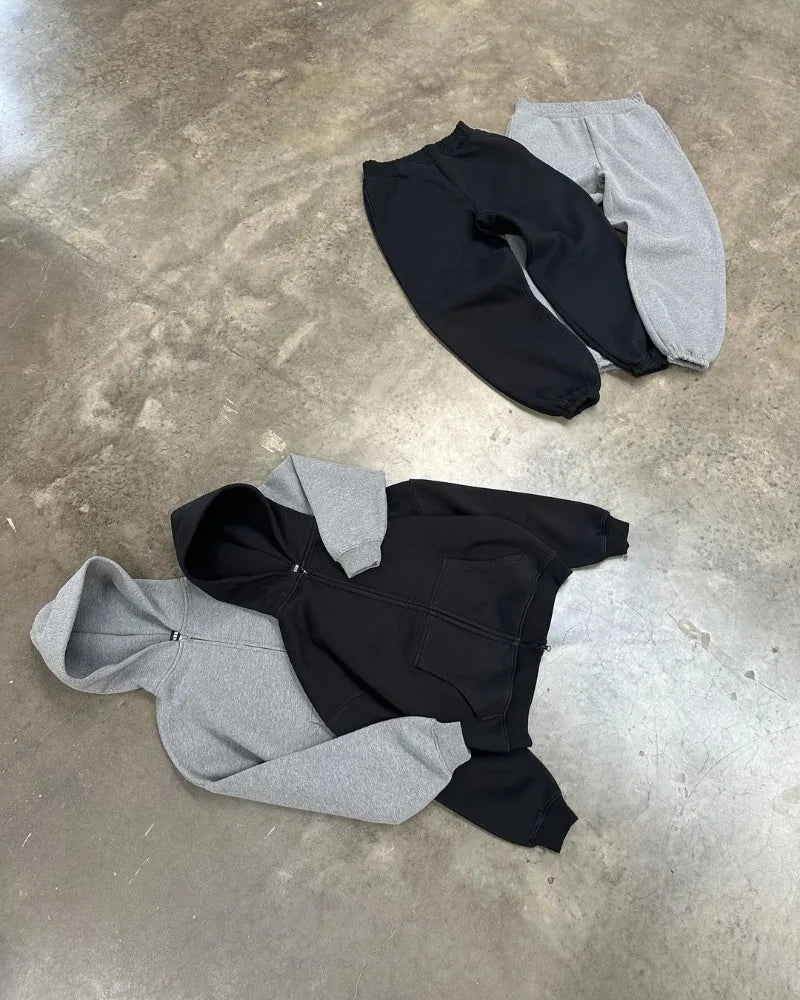 American High Street Fashion Casual Hoodie Men Y2K Harajuku Retro Soli