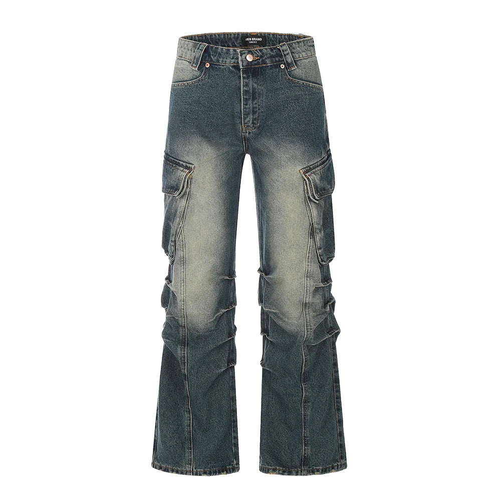 streetwear side pockets pleated washed blue jeans unisex straight baggy y2k denim pants ropa hombre casual cargo pants oversized multi-pocket cargos