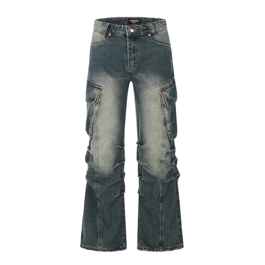 streetwear side pockets pleated washed blue jeans unisex straight baggy y2k denim pants ropa hombre casual cargo pants oversized multi-pocket cargos