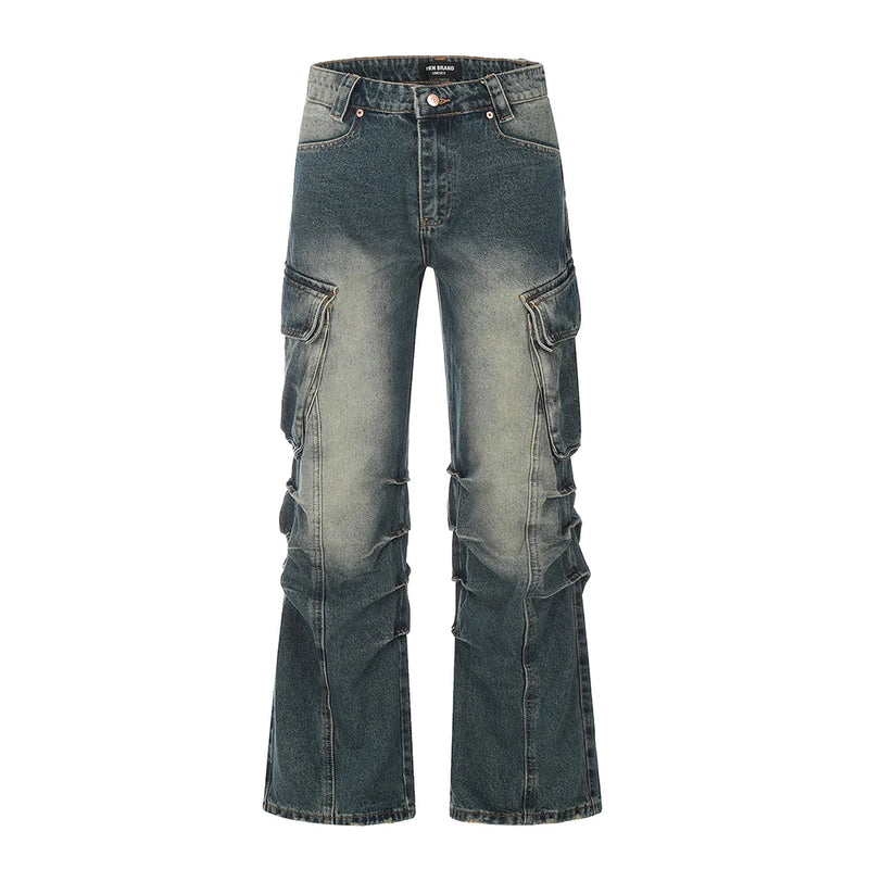 streetwear side pockets pleated washed blue jeans unisex straight baggy y2k denim pants ropa hombre casual cargo pants oversized multi-pocket cargos