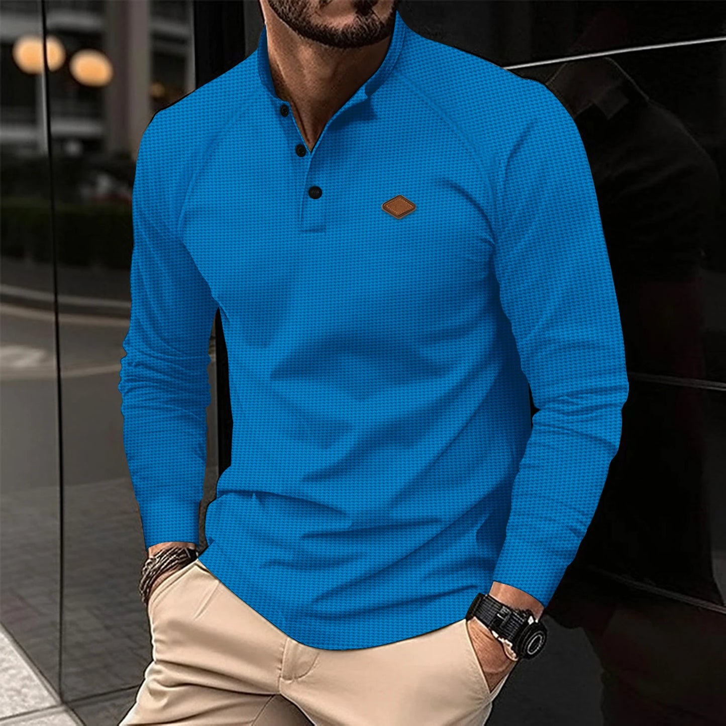 2024 New vintage Waffle Men's Henry shirt with button-down crew-neck and long sleeves