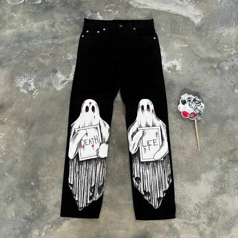 street retro dark style cartoon anime print oversized wide leg pants women y2k harajuku trendy brand high waist washed trousers urban fashion pants