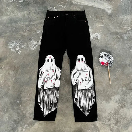 street retro dark style cartoon anime print oversized wide leg pants women y2k harajuku trendy brand high waist washed trousers urban fashion pants