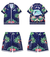 2 Pieces Sets Harajuku Printed Short Sleeves Shirts and Elastic Waist Shorts Joggers Summer Beach Streetwear Hip Hop Mens Sets