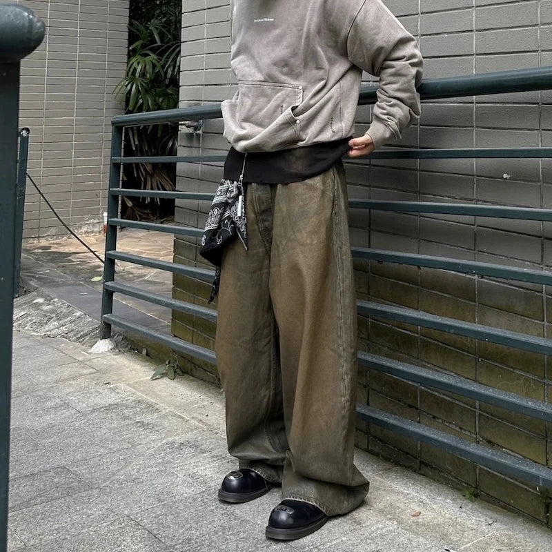 Oil Wax Coating Distressed Silhouette Jeans for Men and Women Washed Streetwear Baggy Denim Trousers Oversized Ropa Hombre Cargo