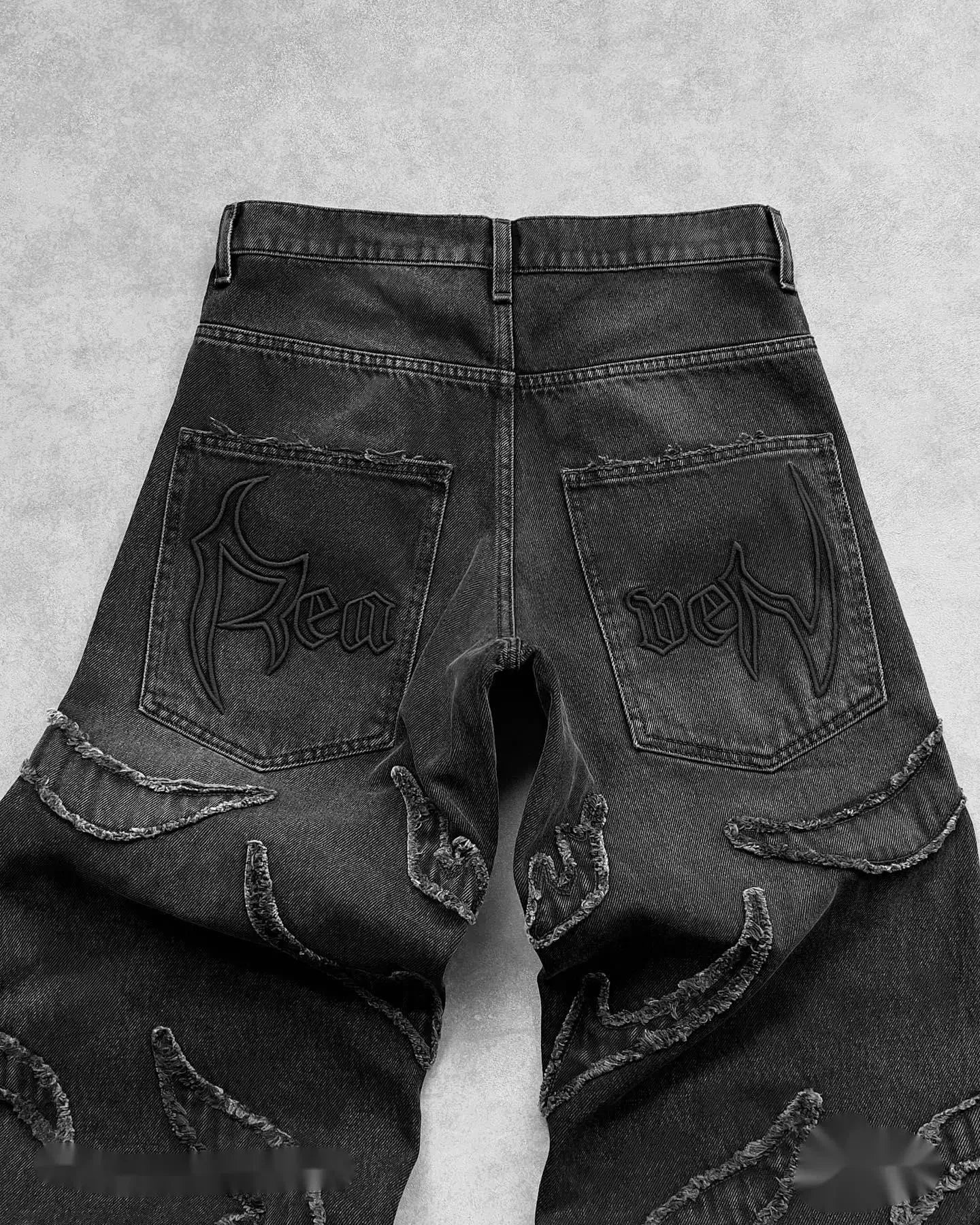 vintage y2k retro black baggy jeans for men hip hop punk raw edge embroidery jeans pattern patchwork high waisted denim pants unique jeans style 1568