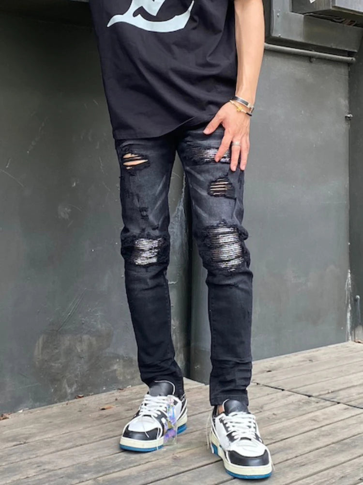knee hole patckwork skinny denim jeans men slim biker trousers jeans fashion streetwear hip hop retro washed jean pants joggers unique joggers style 3352