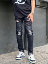 knee hole patckwork skinny denim jeans men slim biker trousers jeans fashion streetwear hip hop retro washed jean pants joggers unique joggers style 3360