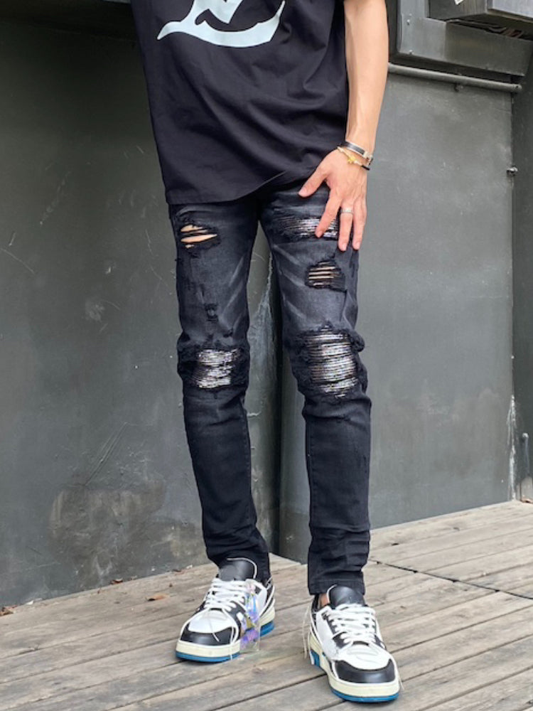 knee hole patckwork skinny denim jeans men slim biker trousers jeans fashion streetwear hip hop retro washed jean pants joggers unique joggers style 3360