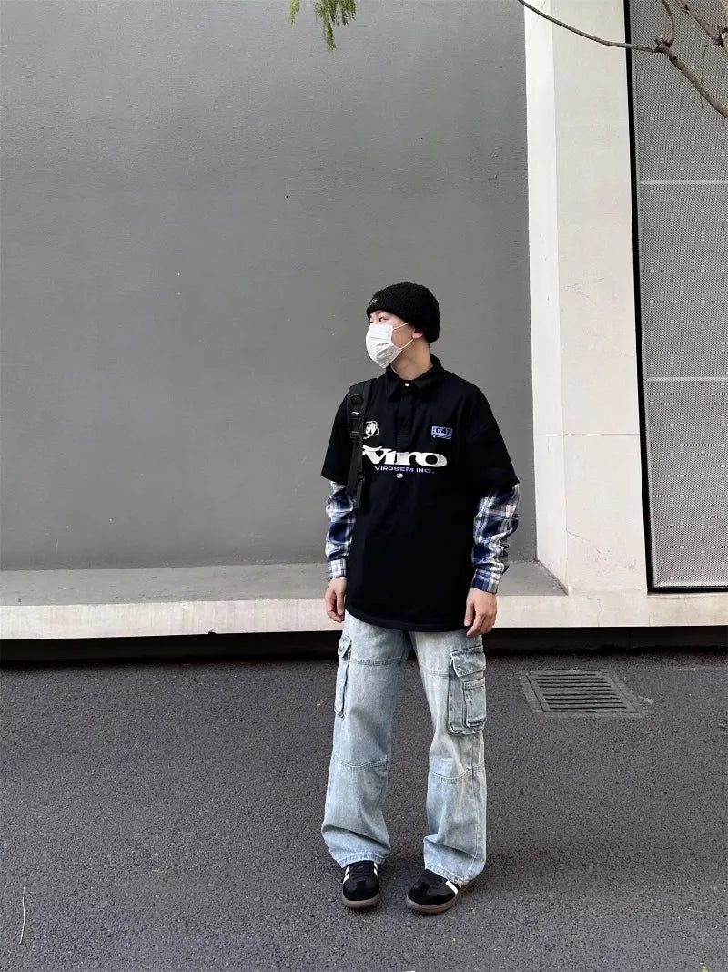 street japanese mens set embroidered fake two piece patchwork tops hip hop washed jeans 2 piece harajuku suits y2k streetwear unique jeans style 4756
