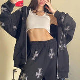 Men Women Cross Rhinestone Coat Leisure Hoodies Oversized Zip Up Hoodi