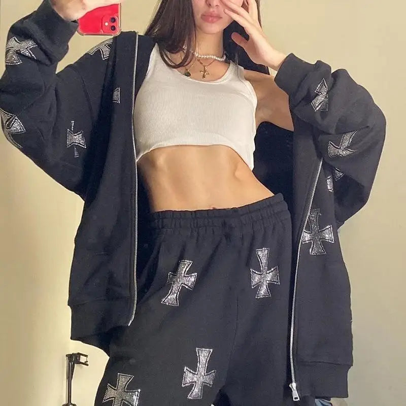 Men Women Cross Rhinestone Coat Leisure Hoodies Oversized Zip Up Hoodi