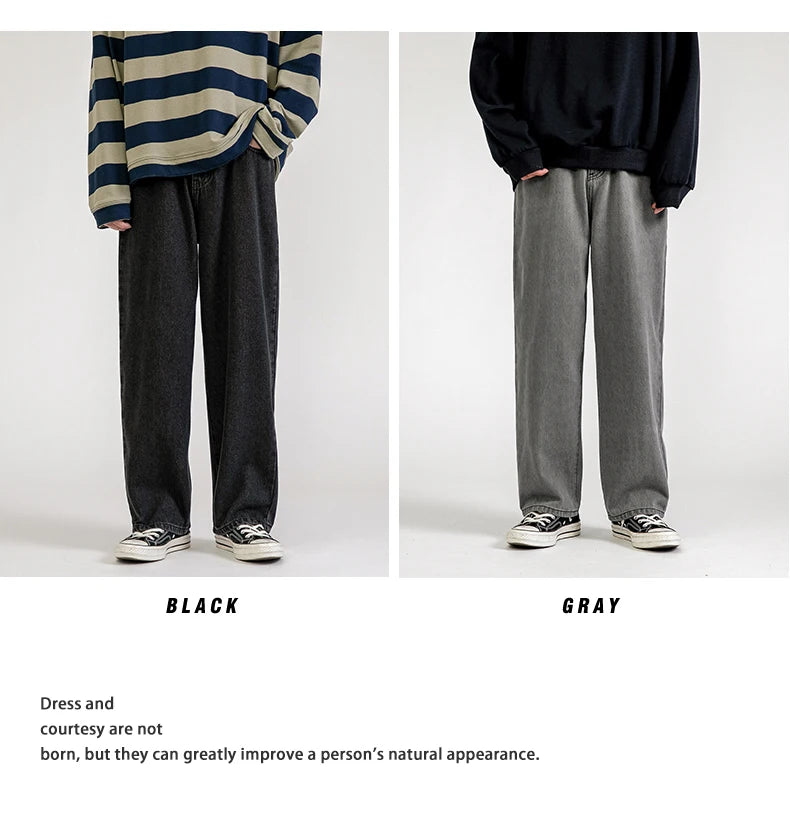 korean fashion mens baggy jeans classic all match solid color straight leg denim wide leg pants male light blue grey black unique jeans style 1124