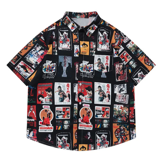 Y2K Street Button Up Shirt – Vintage Retro Men Multi Posters Graphic Print Short Sleeve Shirts Summer New Colorful Lapel Button Shirts Men And Women Blouse | Button Shirt Drop #531