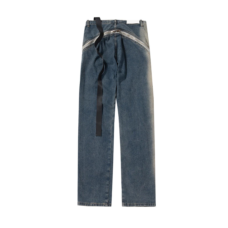 Ro Style Gradient Blue Horn Stacked Floor Dragging Jeans Unisex Streetwear Baggy Y2K Ribbons Zipper Denim Trousers Oversized