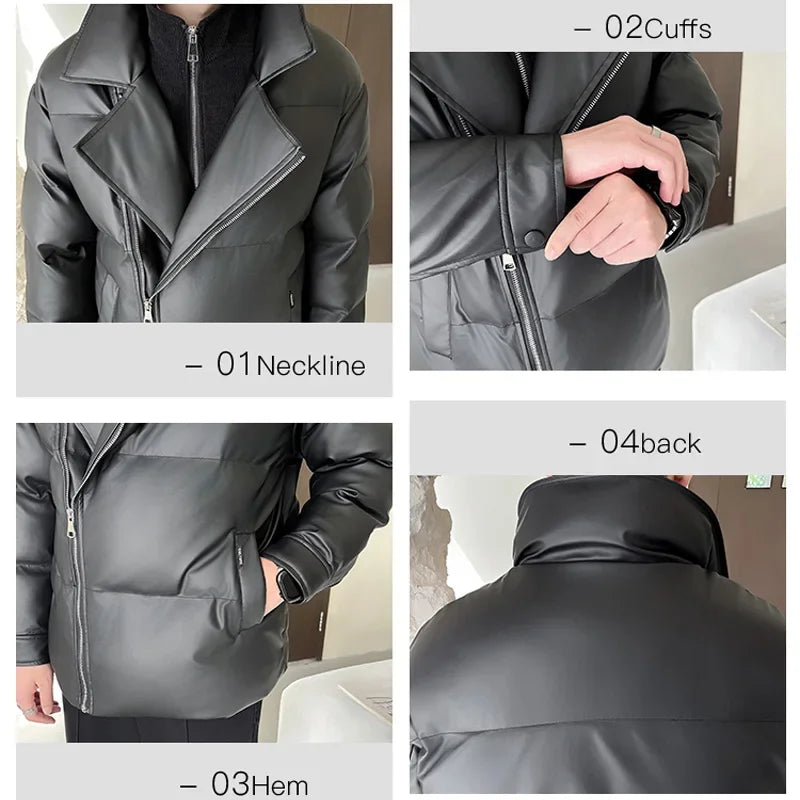Winter Splice Collar Cotton-padded Leather Jacket Men Streetwear Fashion Loose Casual Thicken Warm Leather Parkas Coat Jacket