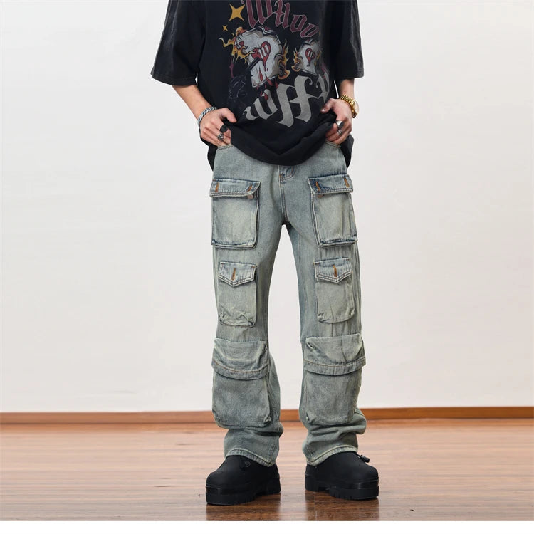 hip hop cargo denim pants streetwear plain denim pants mens harajuku cotton casual joggers jeans loose straight pants trousers unique joggers style 3856