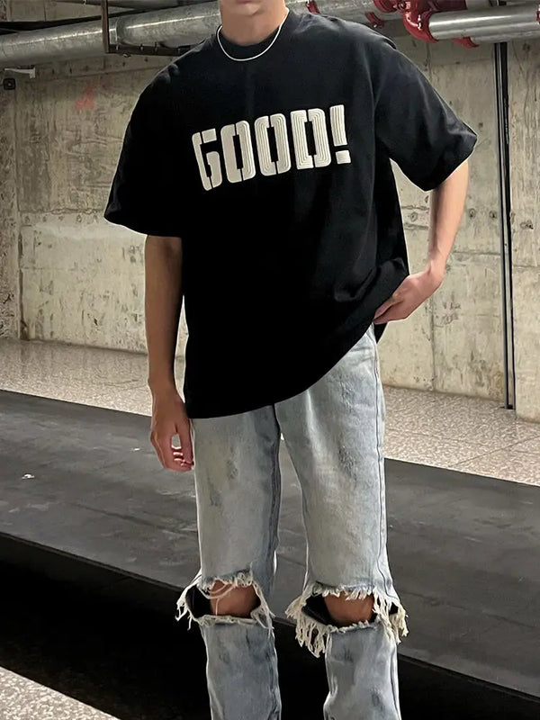 Y2k Trendy hip-hop men and women street personality GOOD print round neck short sleeved couple loose Harajuku retro casual top