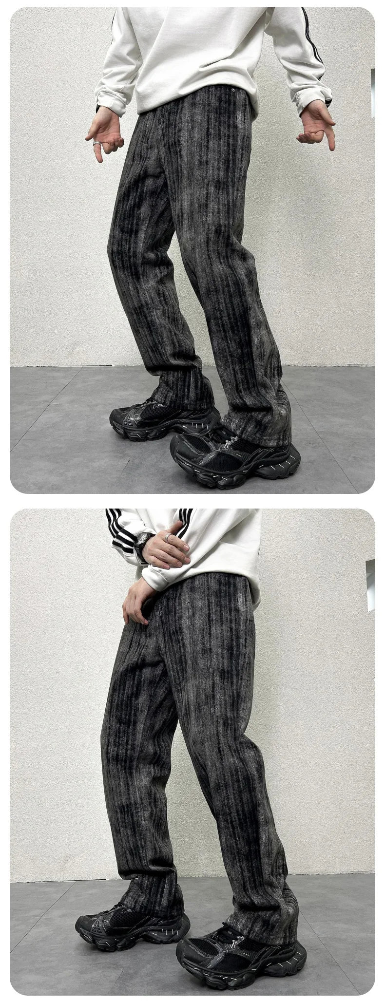 mens streetwear fashion hip hop vibe casual retro tie dyed denim pant jeans cityboy black gray straight jeans trousers unique jeans style 3049