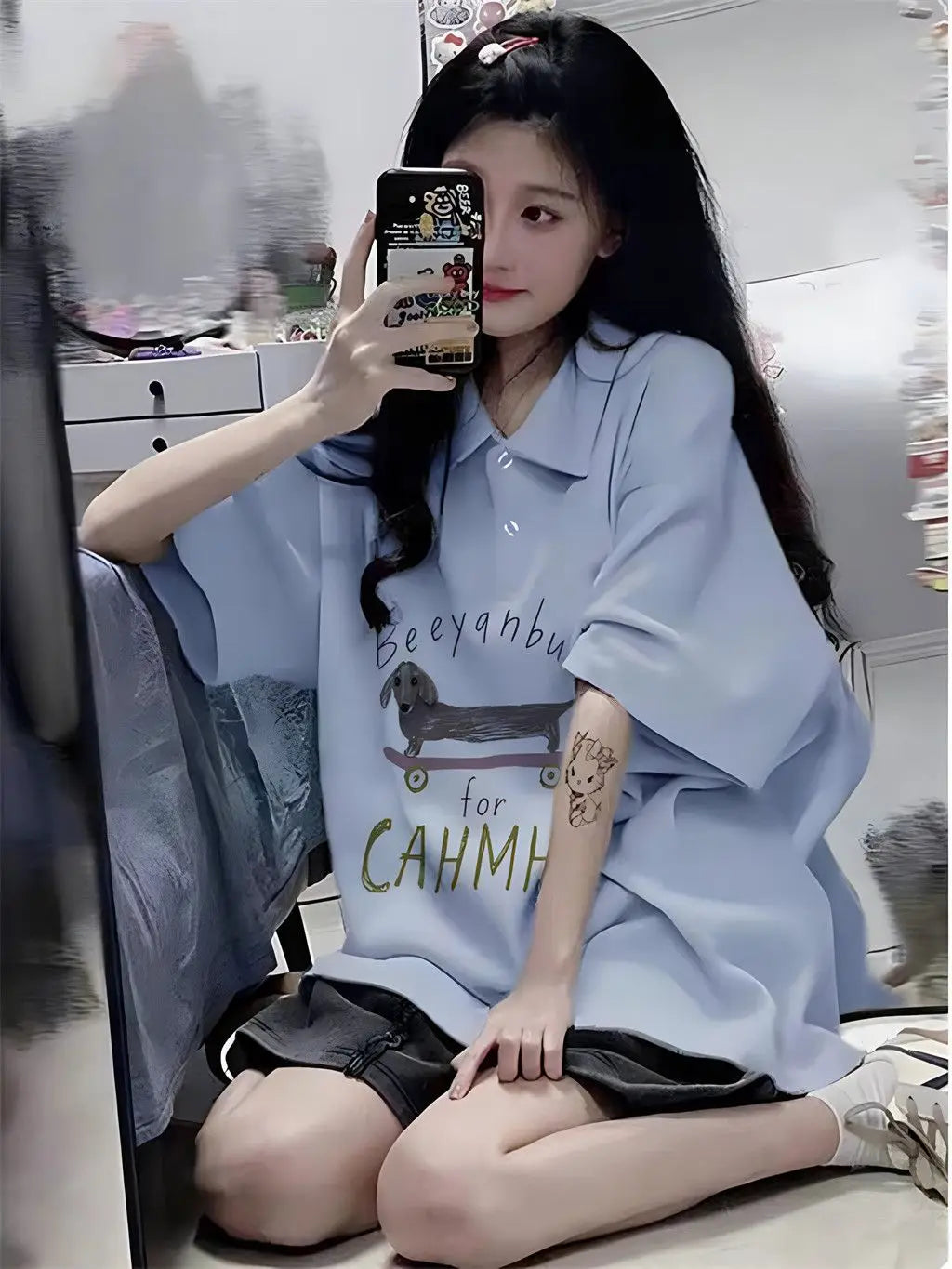 Gothic Vintage print – New 2024 Korean Style Casual Loose Blue Polo Collar Short Sl