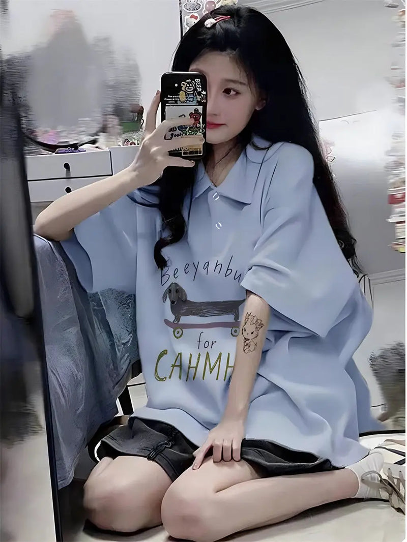 Gothic Vintage print – New 2024 Korean Style Casual Loose Blue Polo Collar Short Sl