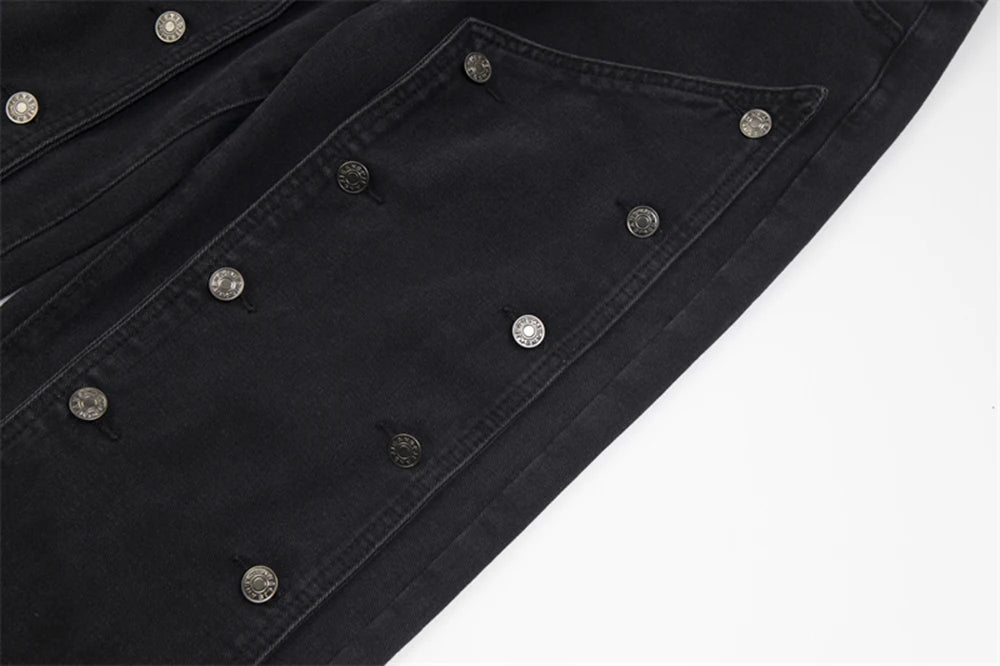 detachable button black washed baggy jeans for men straight harajuku ropa hombre loose denim trousers oversized cargo pants unique cargo style 614