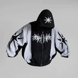 Vaporwave Drop – Y2K Patch Design Loose Zip Hoodies For Men Geometric Pattern – Streetwear Fashion for Men & Women
