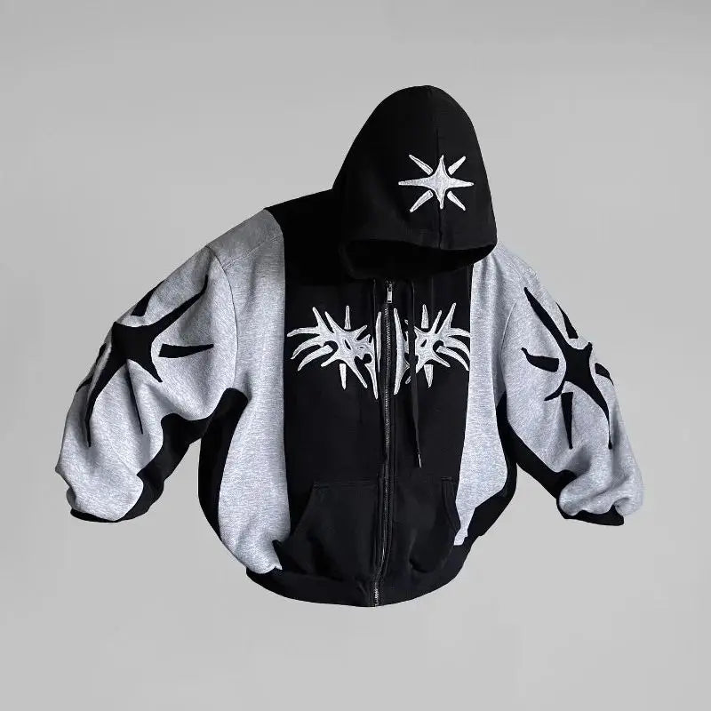 Vaporwave Drop – Y2K Patch Design Loose Zip Hoodies For Men Geometric Pattern – Streetwear Fashion for Men & Women