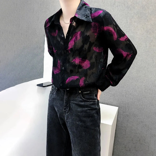 Mens Feather Embroidery Sexy Mesh Perspective Long-Sleeved Shirt Autumn Genderless Fashion Nightclub Hollow Thin Top Unisex