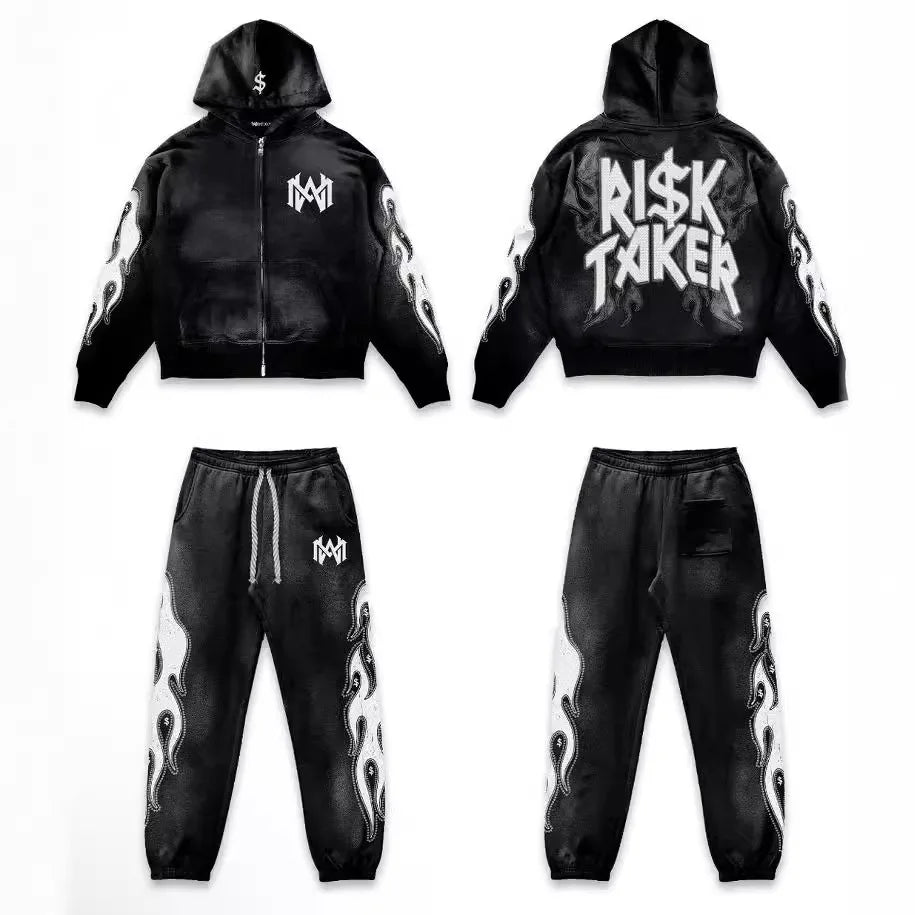 2024 y2k long sleeved zippered printed pullover hoodie hoodie and pants two piece streetwear trendy outfit dark vintage outfit minimalist street pants