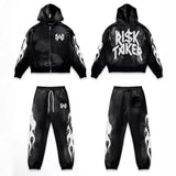 2024 y2k long sleeved zippered printed pullover hoodie hoodie and pants two piece streetwear trendy outfit dark vintage outfit minimalist street pants