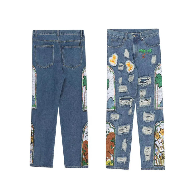 harajuku fashion embroidered patches straight denim pants hip hop washed torn jeans black blue patchwork y2k jeans baggy men unique jeans style 1544