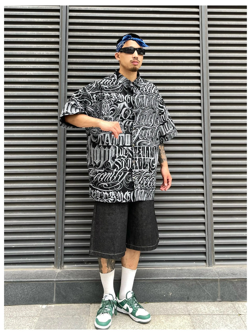 Hip Hop Shirt Streetwear Mens Hawaiian Shirts Harajuku Letters Printed New Summer Casual Beach Short Sleeve Loose Tops Shirts