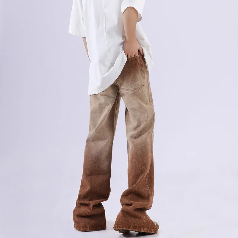 rainbowtouches mens washed jeans vintage high street gradient fashion trends zipper jeans loose straight long pant casual pants unique jeans style 3506