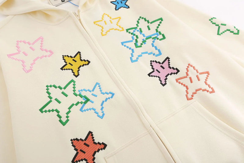Hip Hop Zip Up Hoodie Jacket Y2K Star Embroidered Fleece Hooded Coat 2