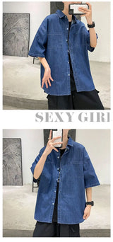 American summer thin denim shirt for men and women loose fit hip-hop short sleeved retro personality casual street top harajuku