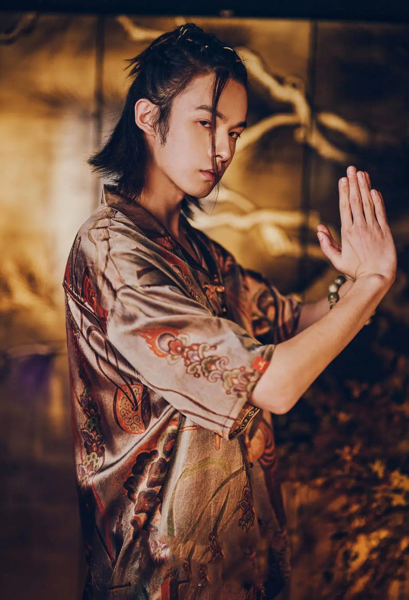 Dunhuang Feitian new Chinese style national trend printed casual short-sleeved shirt 2024 young men and women trendy retro tops