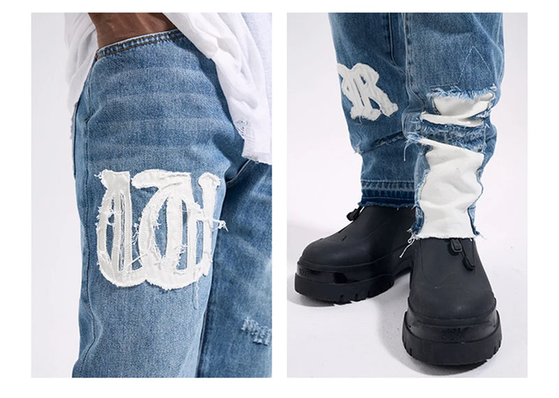Frog drift Fashion Streetwear High Street REMAKE y2k Straight Stickers Blue Denim Jeans Trousers for men homme
