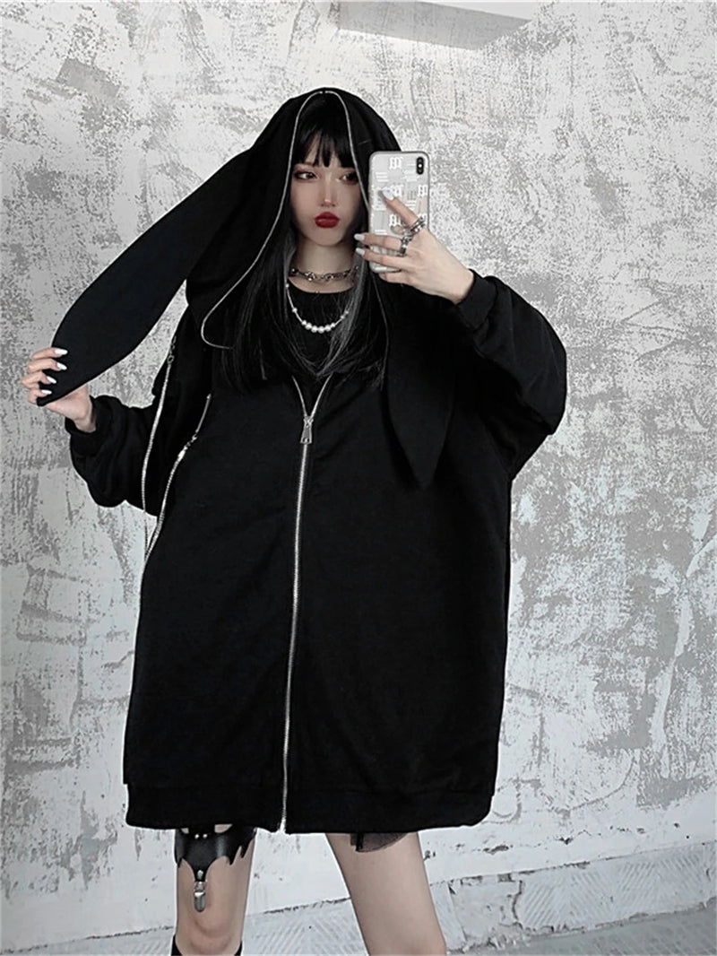 Autumn Winter Emo Bunny Hoodie Women Zip Up Kawaii Sweatshirt Rabbit E