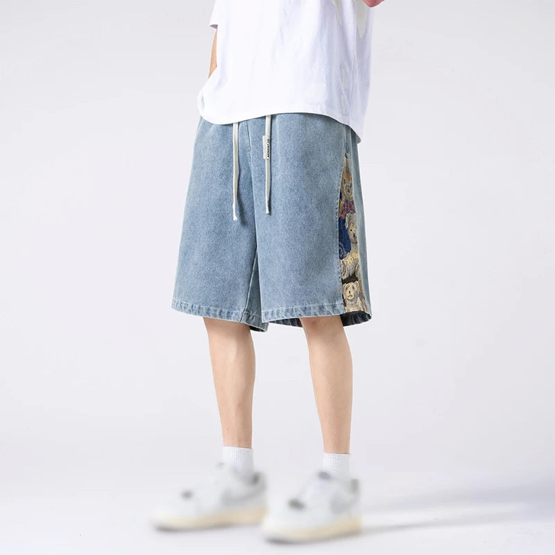 denim shorts mens trendy streetwear washed shorts side embroidery patchwork jeans shorts casual track pants stacked flare jeans