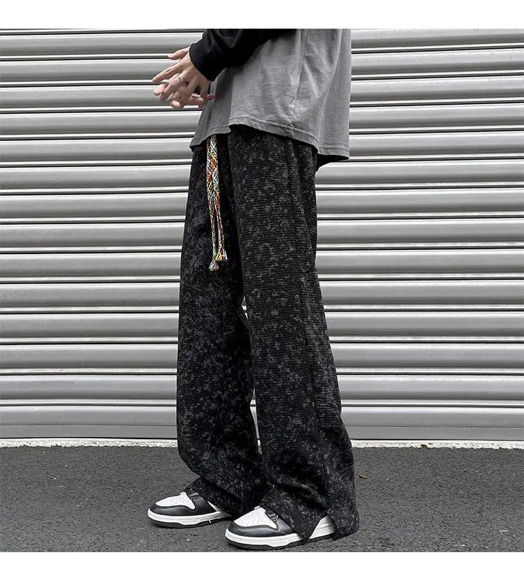 korean style waffle tie dye casual pants high street vibe pants men trendy brand colorful drawstring side slit straight trousers unique default style 2107