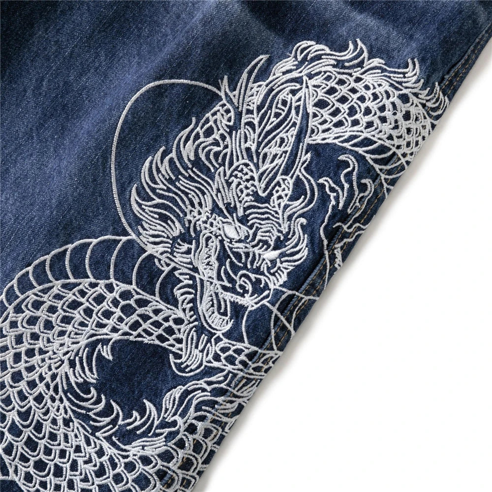 mens black baggy jeans dragon embroidered straight jeans streetwear hip hop loose trousers male luxury designer denim pants unique jeans style 2001