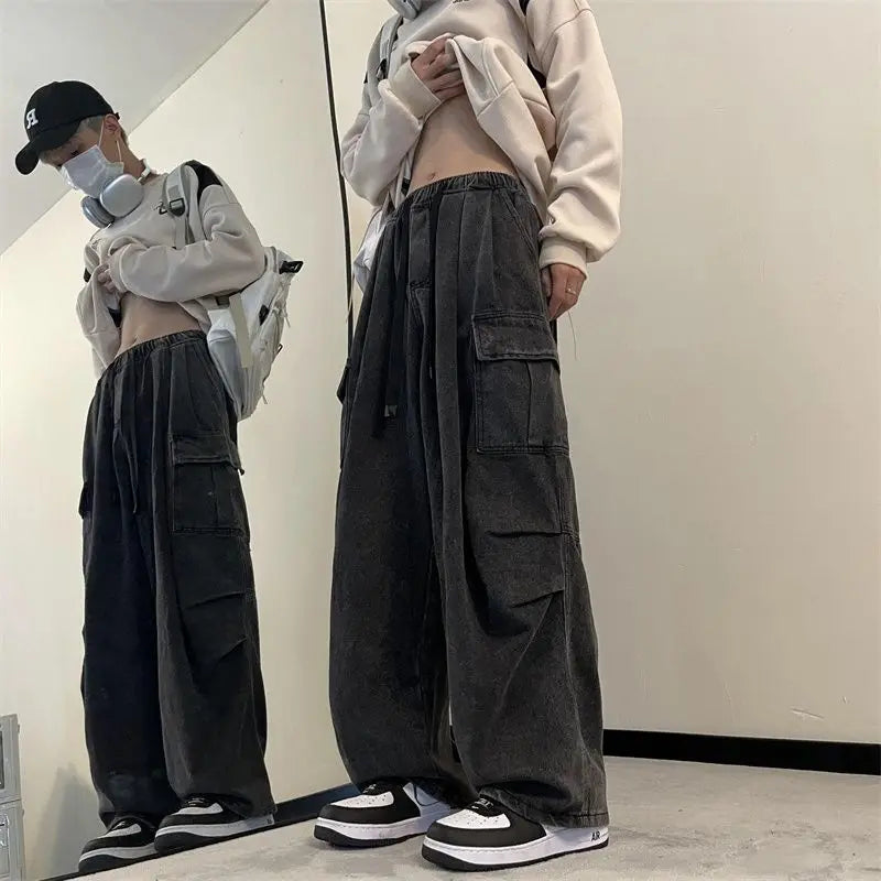spring and autumn high street men and women trendy american washed straight leg jeans couple american loose retro casual pants stacked flare jeans