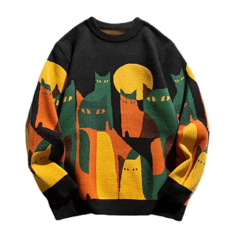 fashion knitted sweater mens autumn winter o neck cats pattern pullover streetwear unisex casual loose sweaters jumper knitwear - gothic aesthetic hoodie for winter, high quality cotton hoodie, 2025 streetwear drop